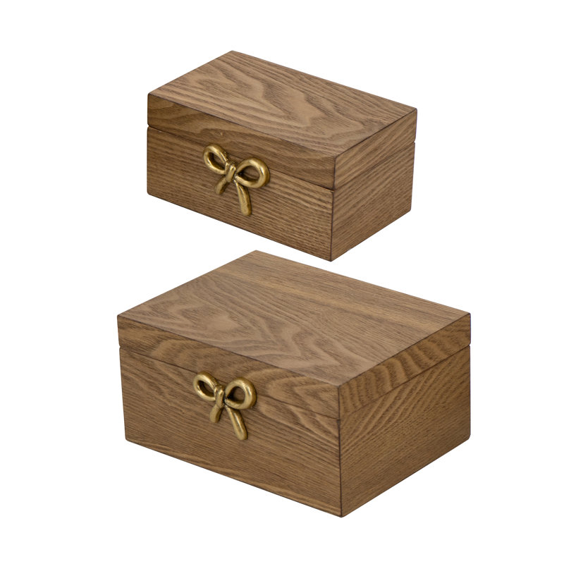 S / 2 boîtes de rangement décoratives en bois avec finition en placage de frêne et poignées en arc doré L: 8 x 6 x 4 po S: 6,3 x 3,7 x 3