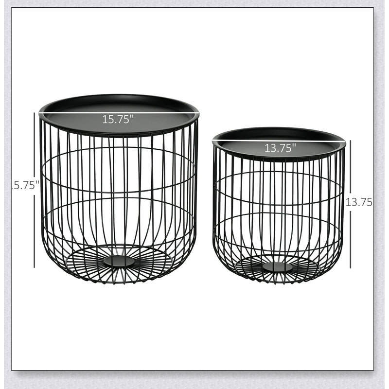Tables basses gigognes, ensemble de 2 tables basses rondes avec panier en acier