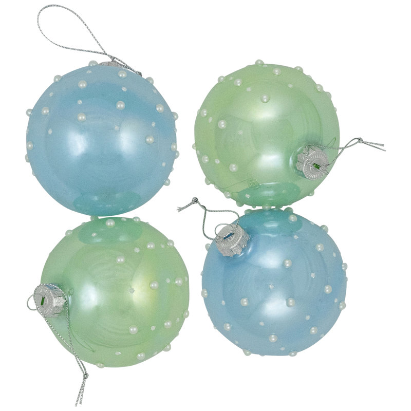 Boules de Noël en verre brillant avec gouttes de perles - 3 po (80 mm) - bleu et vert - 4 carats