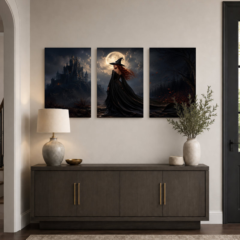 Ensemble de 3 toiles murales pour l'Halloween : Sorcière rousse face à un château sombre, H 24 po x l 16 po x 3 pièces