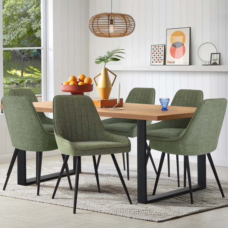 Audna 6-Person Upholstered Dining Set, Green, Oak