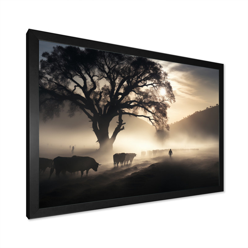 Kaysaun " Cattle Ethereal Grazing I ", Black Picture Framed, 12" H x 20" W x 1" D
