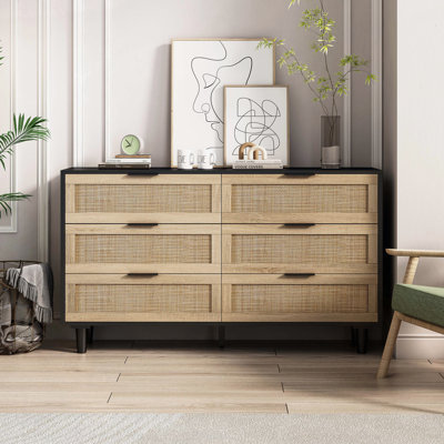 Multi purpose Rattan 6 Drawer Dresser,Modern Storage Cabinet with Wooden Legs
