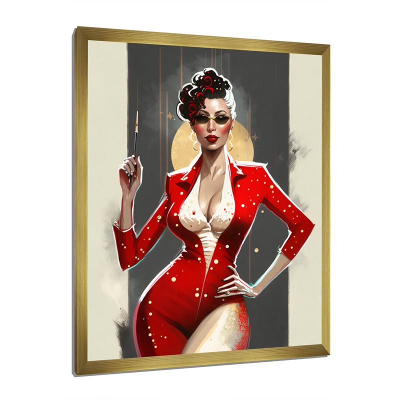 Femme sensuelle en rouge - imprimé, H 20 po x l 12 po x P 1 po, Cadre d'angle fermé doré