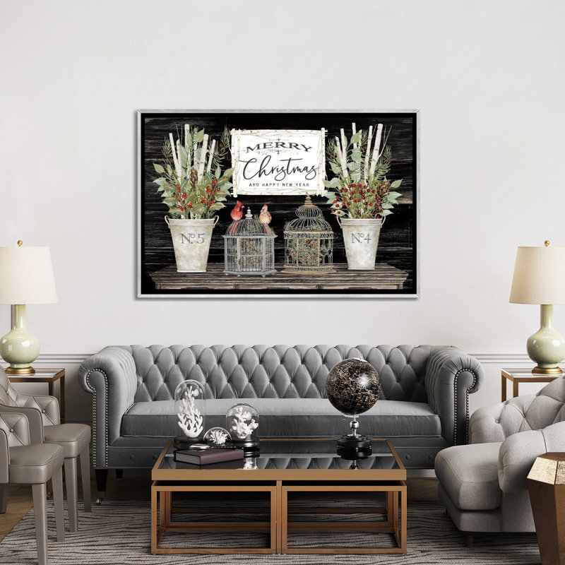Floral Merry Christmas par Cindy Jacobs-impression d’art graphique, H 40 po x l 60 po x 1,5 po, Toile avec cadre argenté