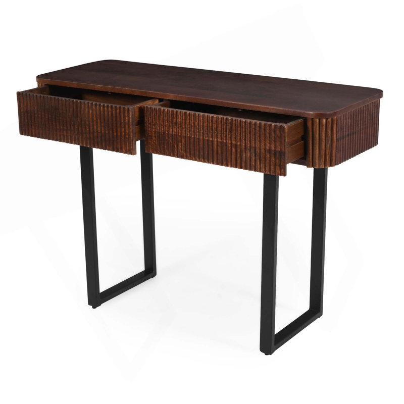 Console moderne en bois massif avec design cannelé et rangement, Miel