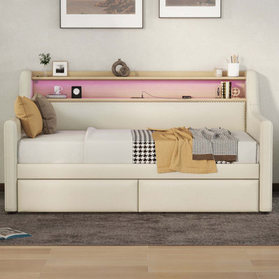 Twin Size Daybed with Storage Drawers, Upholstered Daybed with Charging Station and LED Lights by Lark Manor