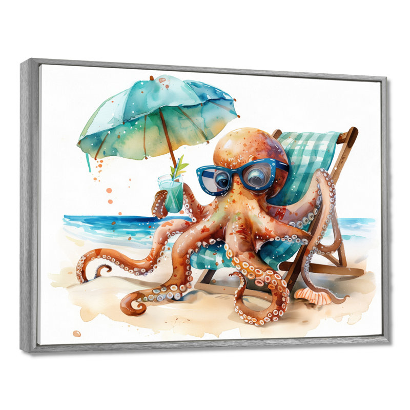 Pieuvre reposant sur une chaise de plage - pieuvre / calmar, Toile avec cadre flottant brun, H 12 po x l 20 po x P 1 po