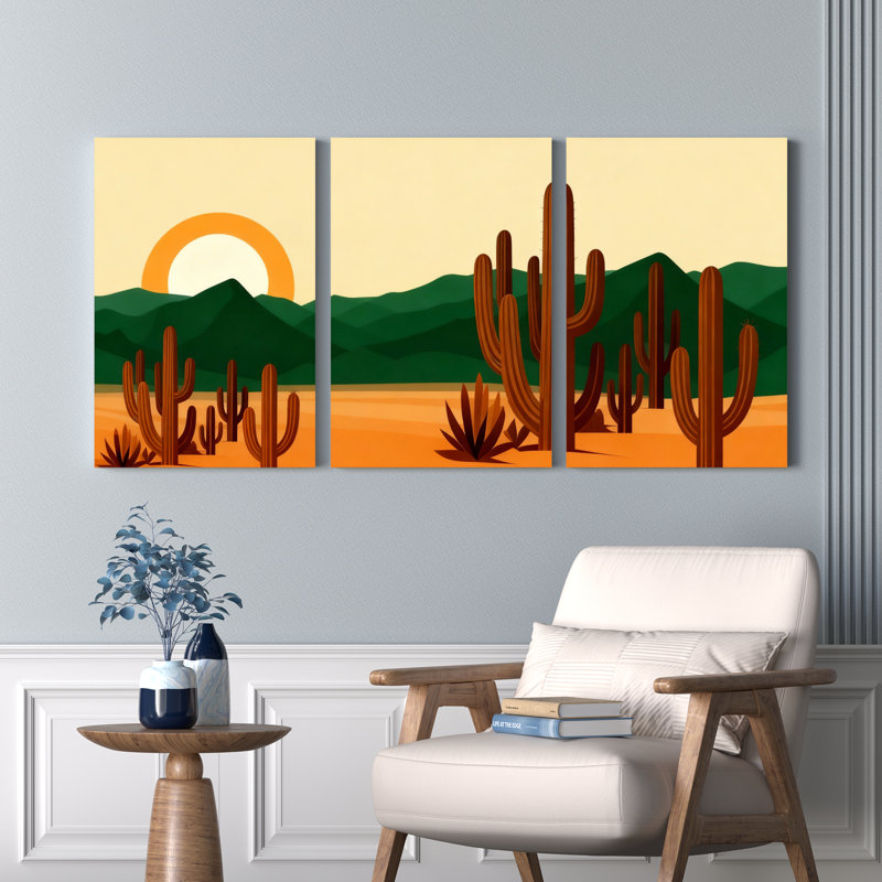 Ensemble de 3 toiles murales représentant un paysage de cactus au coucher du soleil dans le désert, H 36 po x l 72 po