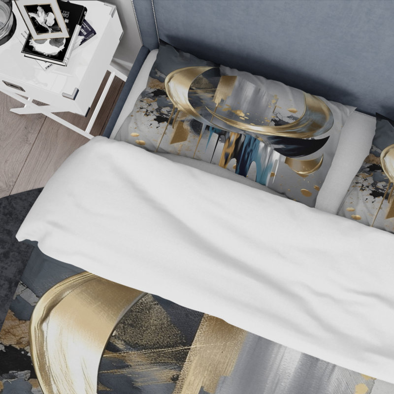 Queen Gray and Gold Abstract Marble Microfiber Duvet Cover Set