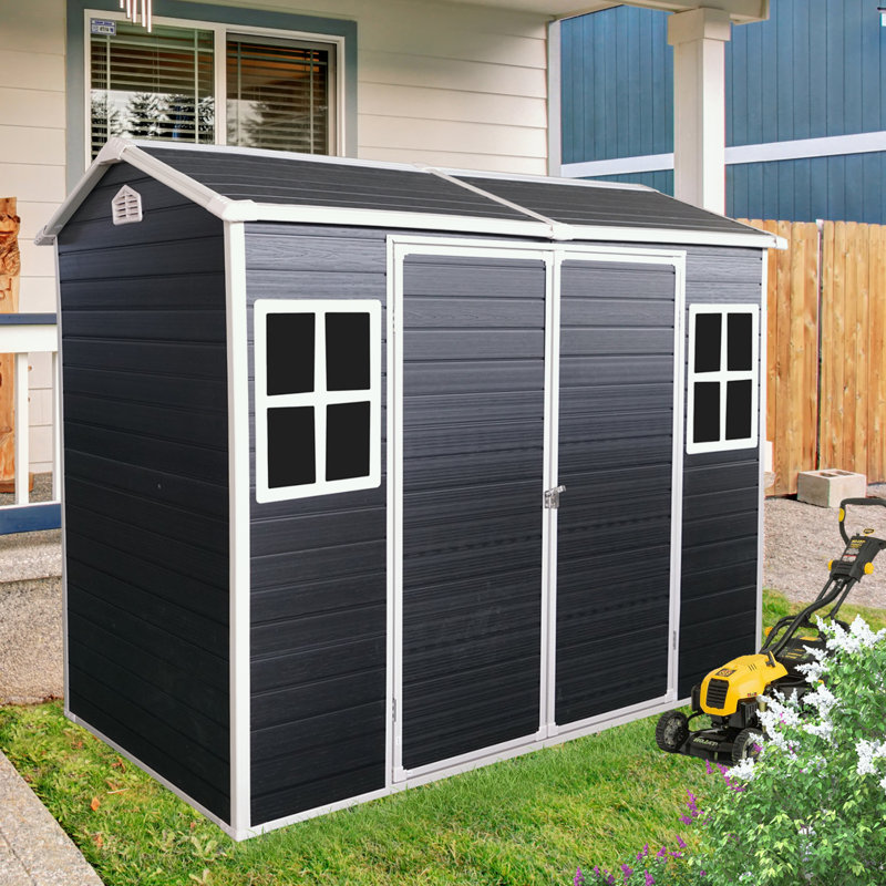 Remise de rangement extérieure en plastique avec plancher, deux fenêtres et double porte, Noir, noir, noir, noir