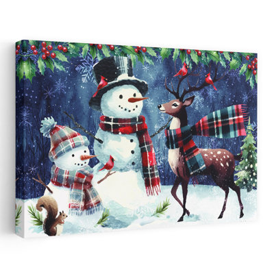 Christmas Snowmen With Reindeer by Nicole DeCamp - Wrapped Canvas Print