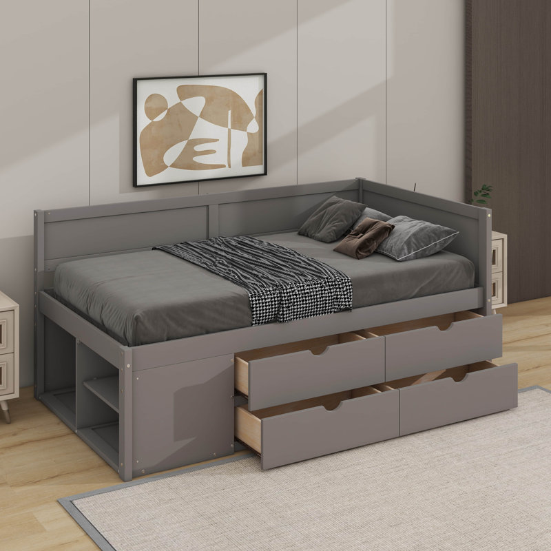 Twin Size Daybed With Drawers And Shelves, Gray