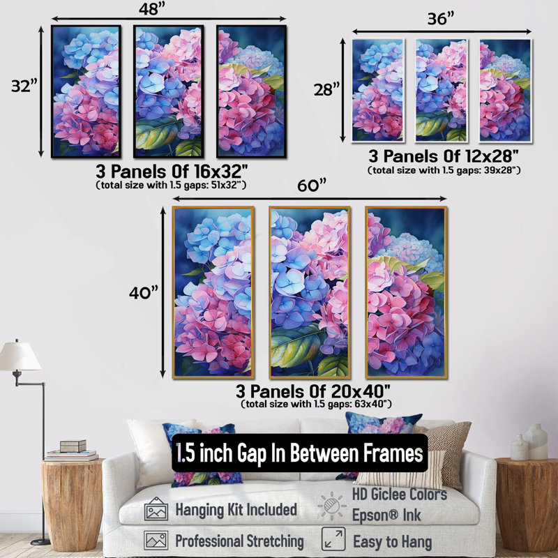Ensemble d'hortensias muraux roses et mauves, coucher de soleil I, Cadre flottant noir, H 40 po x l 60 po x P 1 po
