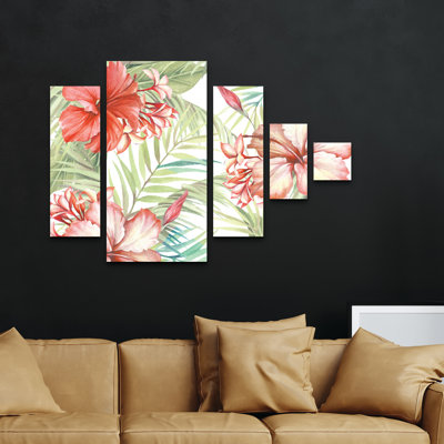 «5 Hibiscus Motif», art mural sur toile 5 panneaux pour décor de salon, de chambre à coucher ou de bureau 