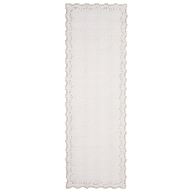 Floral Scalloped Non Slip Washable Area Rug for Living Room Bedroom, Low Pile  Thin Solid Home Decor Carpet, Runner 2' x 6'
