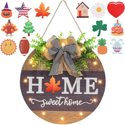 Panneau de bienvenue interchangeable pour porte d'entrée, 14 icônes saisonnières interchangeables, décoration rustique en bois pour porche de ferme avec 12 lumières DEL chaudes