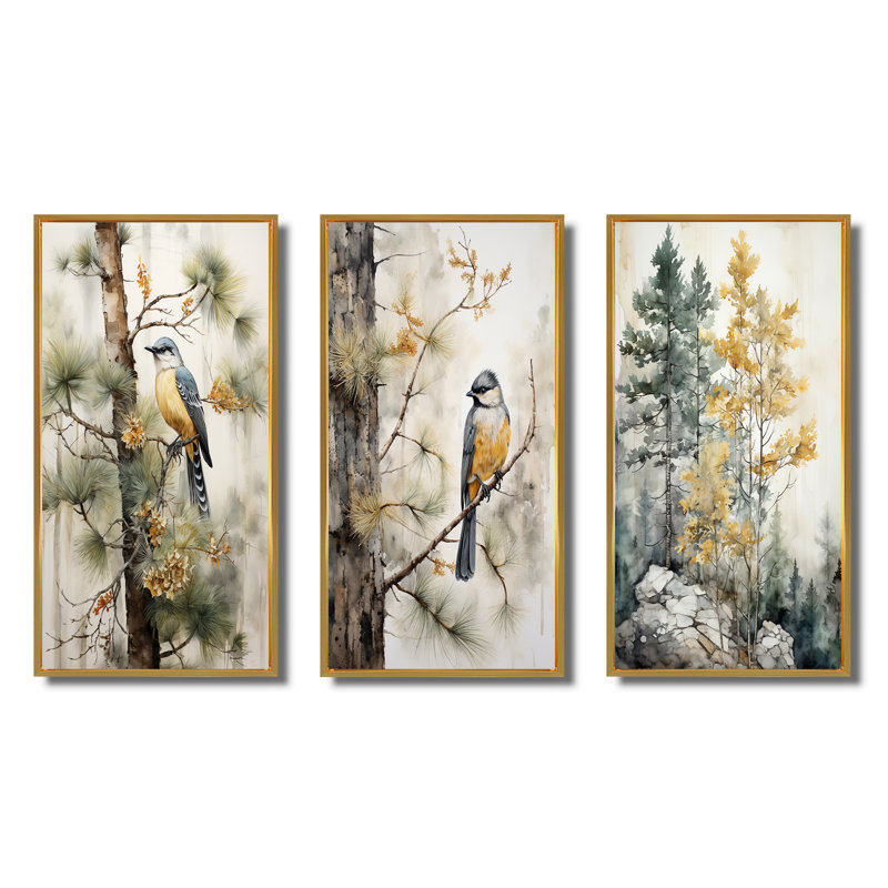 «Forest Minimalisme Guardians», 3 pièces sur toile, Encadrement doré, H 28 po x l 36 po