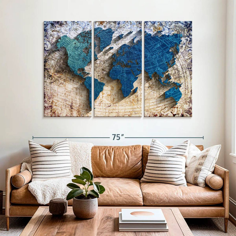 " Carved World Map " 3 Piece Art Set, 42" H x 65" W x 1.25"