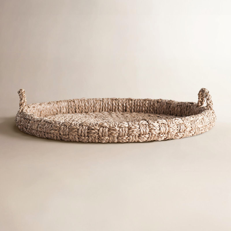 Round Braided Bankuan Tray with Handles, Brown