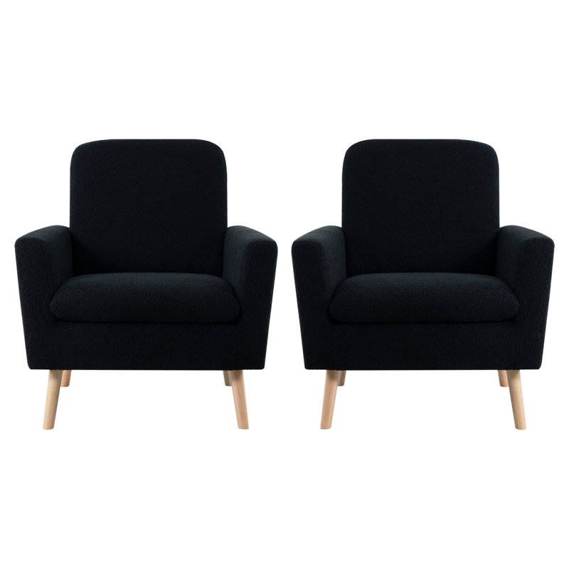 Vanetten Fleece Minimalist Accent Chair Set of 2, Black Teddy Fleece