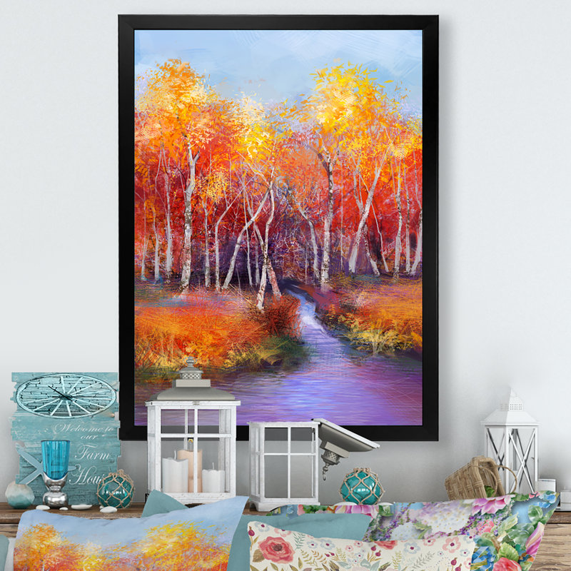 Abstrait forêt d'automne par le défunt II - Peinture, H 32 po x l 16 po x P 1 po, Cadre photo noir