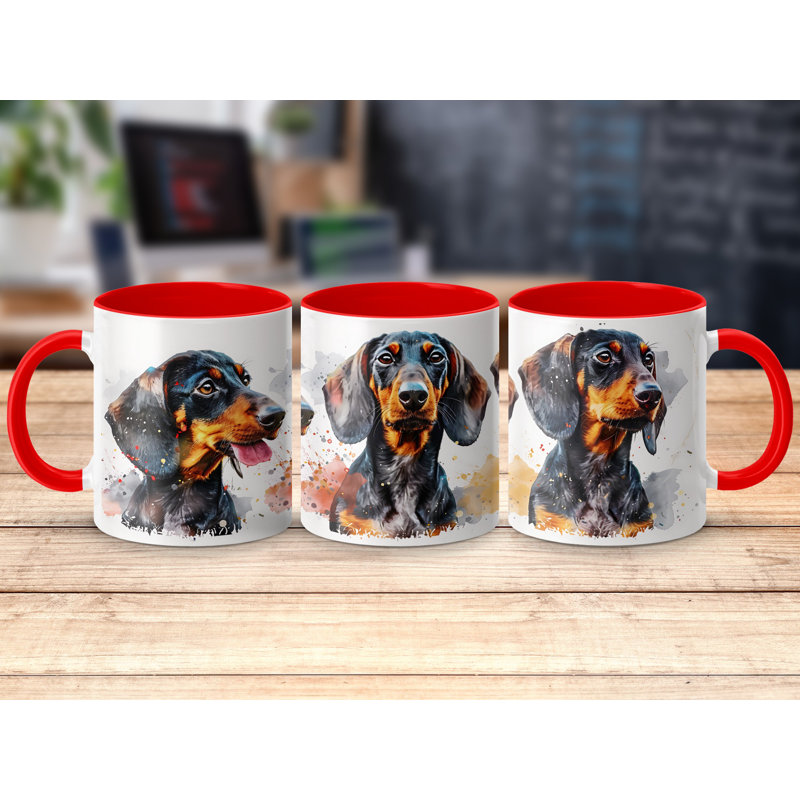 11oz Watercolour Dachshund Design Coffee Mug, 2, Red