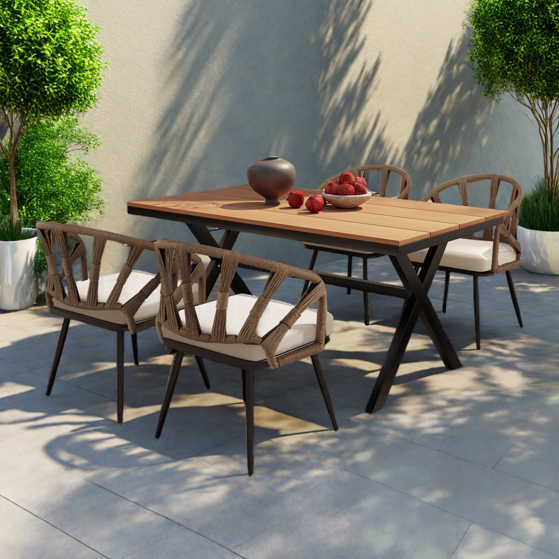 Outdoor Dining Set With 4 Rattan Chairs And 1 Table, Iron Frame And Soft Cushions, Black/Brown