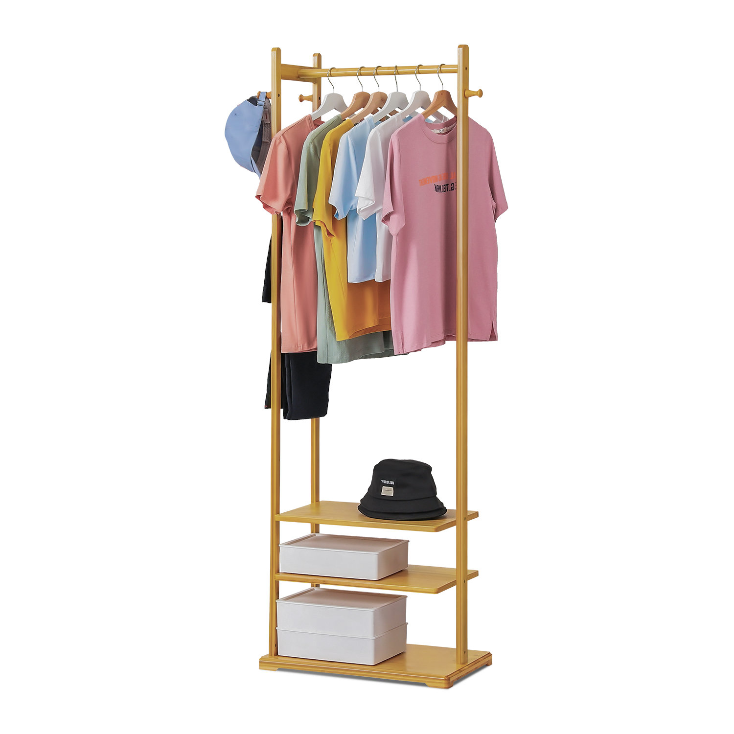 Porte-vêtements Enfant En Bambou - Avec 3 Barres De Suspension Et 3 Bacs De Rangement, Dimensions 110x35x139.7 Cm, Pour Chambre Ou Salle De Jeux
