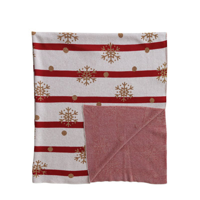 Artisan Knit Cotton Throw with Festive Stripes and Snowflakes