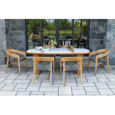 Estate 7 Pc. Teak & Wicker Oval Dining Set With Orobico Stone Top