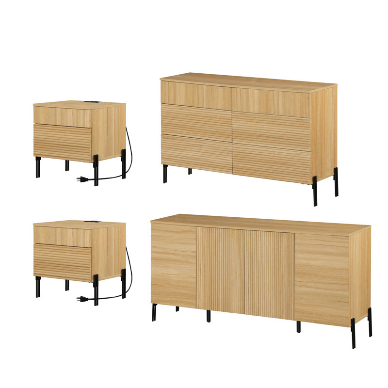 Ensemble de chambre à coucher 4 pièces, commode et table de chevet 6 tiroirs, Chêne