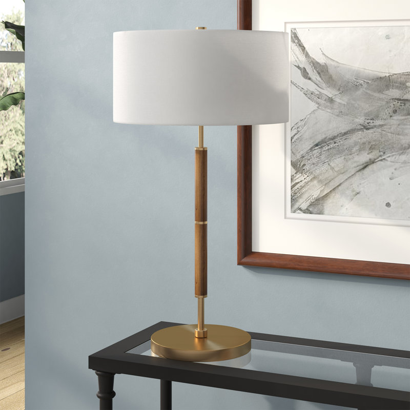  Simone 25" Tall 2-Light Table Lamp with Fabric Shade in Rustic Oak/Brass/White, Rustic Oak/Brass
