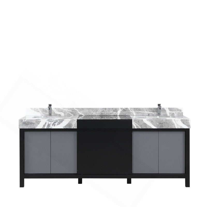 Meuble-lavabo double noir et gris 84 po X P 22 po D, ensemble de dessus en marbre gris et robinet chromé