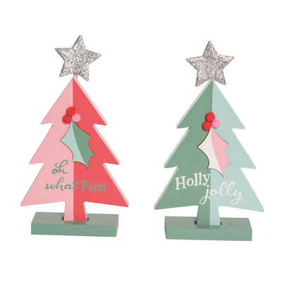 MDF Pastel Tree Sit About Set of 2 - Decorative Wood Tree Sculptures for Christmas, Multicolor Tabletop Decor, Perfect for Indoor Use, Gift Giving, and Hostess Gifts - Charming Holiday Accents