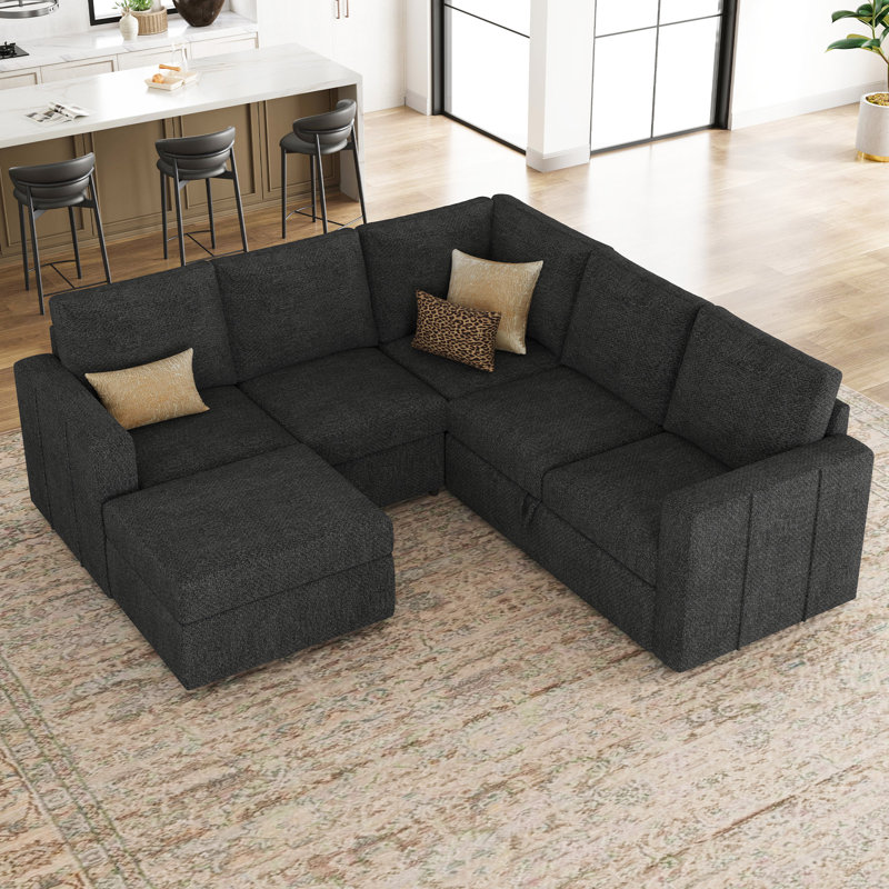 Rafael Velvet Chenille U-Shaped Modular Sleeper Sectional with Storage Ottoman , Dark Gray Chenille