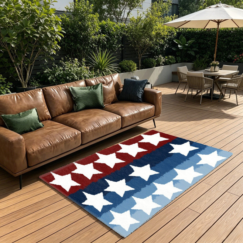 Red Blue White Star Striped Area Rug for Balcony Bedroom, 5 x 7 Ft, Patriotic Style