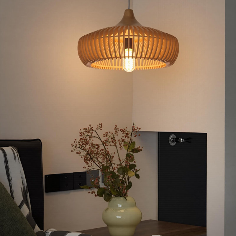 Luminaire suspendu 1 lumière tambour en bois