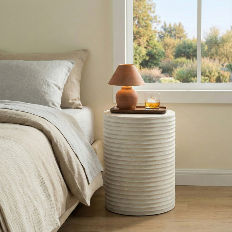 Cylindrical Round Side Table Magnesium Oxide Sofa Table 35x44cm, White