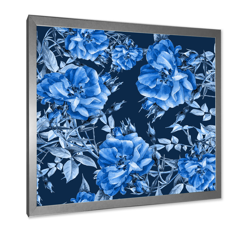 Fleurs bleues abstraites - Peinture sur toile, H 36 po x l 36 po x 1,5 po, Encadrement argenté