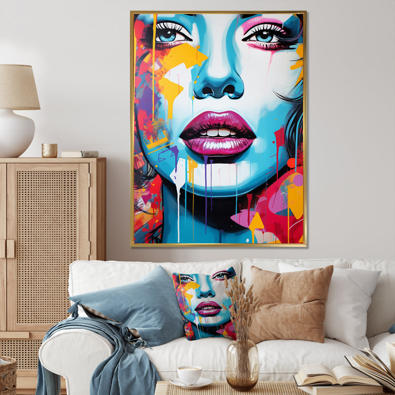 Pop Art bleu et orange, portrait de femme I - impressions d'art moderne, H 44 po x l 34 po x P 1,5 po, Cadre flottant doré