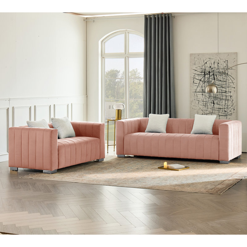 Ensemble de salon en velours 2 pièces Clifford, Argent, Rose