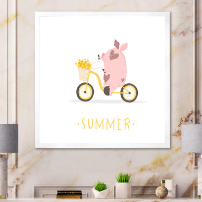 Petit cochon sur une bicyclette d'été - reproduction d'art sur toile pour enfants