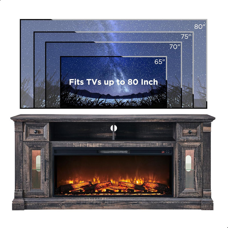 Diamandi Wood TV Stand with Fireplace, Dark Rustic Oak