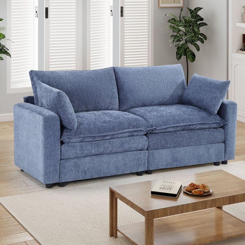 80.2'' Wide Modern Upholstered Sofa, Chenille Couch With Square Armrests, Blue