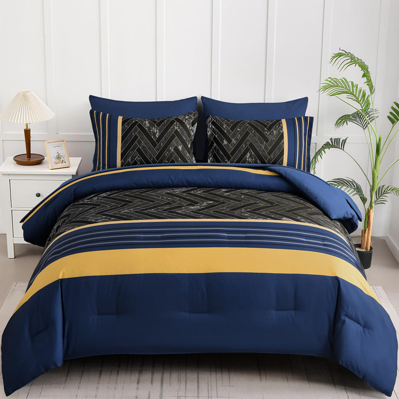 7-Piece Stripe Geometric Comforter Set, Soft Microfiber All-Season Complete Bedding Set, Blue/Yellow