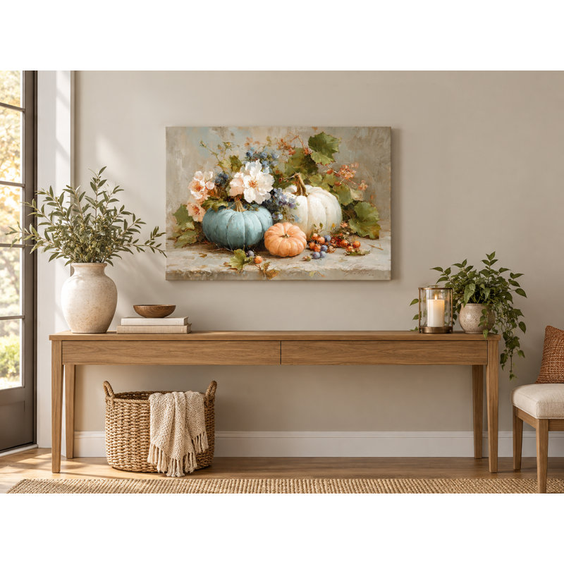 Automne citrouilles et fleurs sur toile tendue, H 24 po x l 36 po