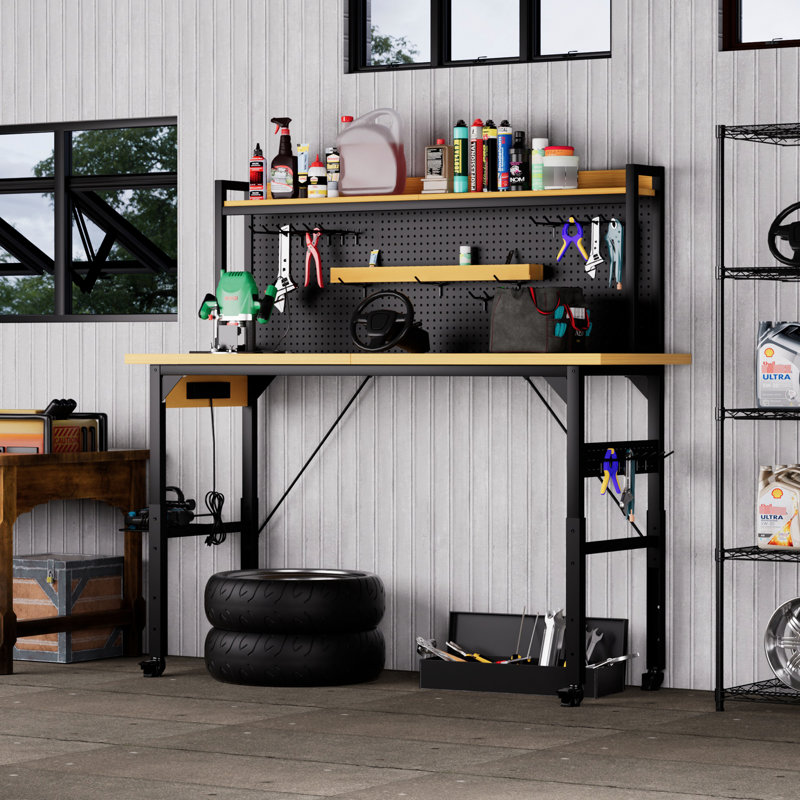Établi réglable robuste de 71 po avec tablette, crochets - charge de 2 000 lb, ports d'alimentation pour garage