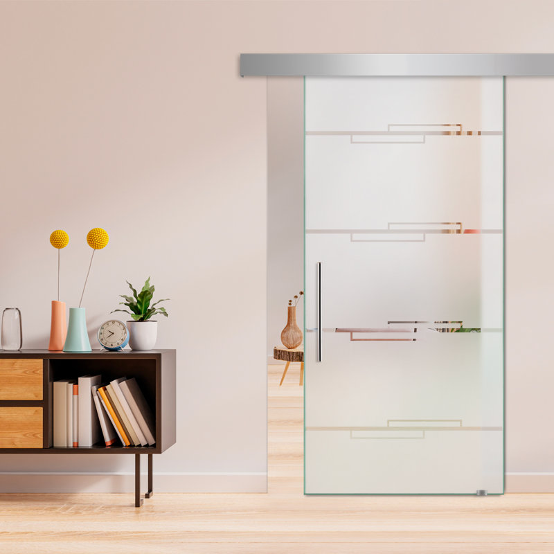Porte de grange coulissante en verre sans cadre avec design moderne sablé et quincaillerie (semi-privée), 26 po x 81 po