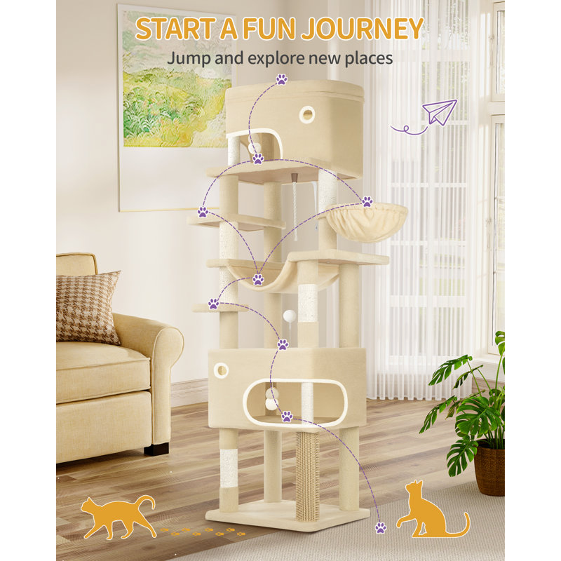 Cat Tree for Indoor Cats, Multi-layer Scratching Post with Large Platform, 2 Caves, 7 Sisal Posts, Pompoms, Cat Basket, Hammock, Suitable for Cats